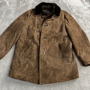 Vintage Getaway‎ Coat Mens 48 Brown Suede Borg Lined Fur Collar Overcoat Western